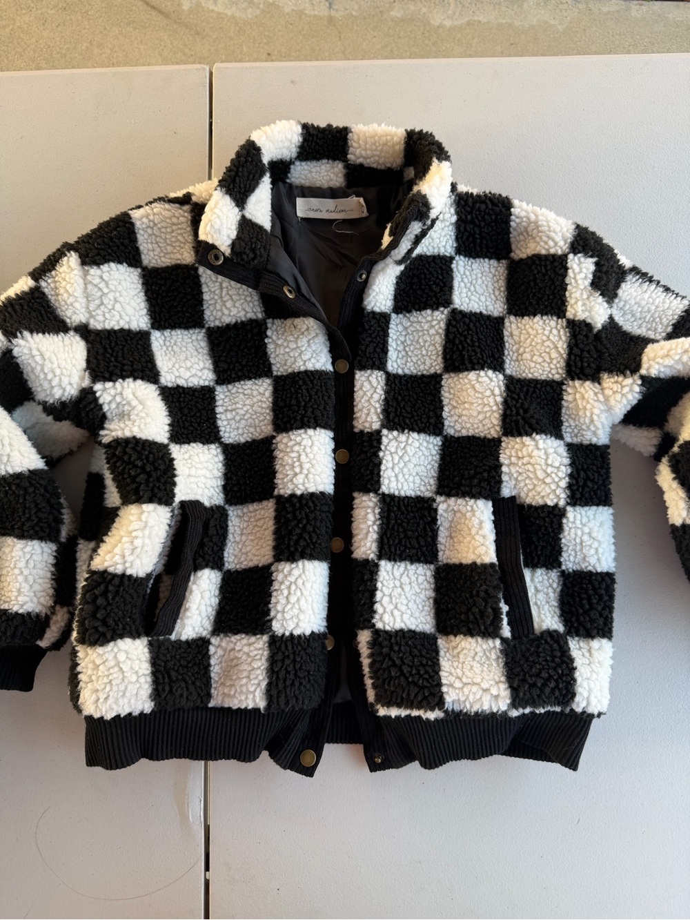 Checkerboard Sherpa Jacket - Black & White Kids Coat